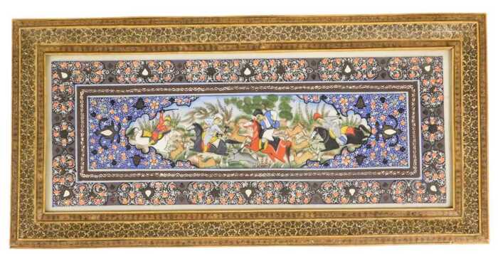 Persian School (early 20thC). A hunt in full flow, within a mihrab, and floral borders, in an...
