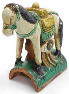 A Ming dynasty style sancai terracotta ridge tile, modelled as a horse, saddled and bridled up,... - 2
