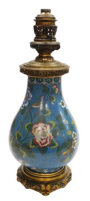 A late 19thC Chinese turquoise cloisonne enamel and ormolu mounted table lamp, of pear shaped...