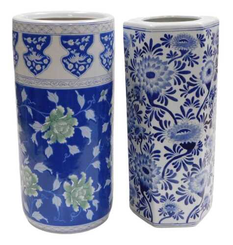 A Chinese blue and white porcelain stick stand, of hexagonal form, decorated with flowers,...