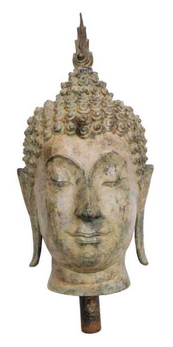 A 19thC Thai bronze bust of Buddha, cast with elongated ears, scrolling curls, and surmounted...