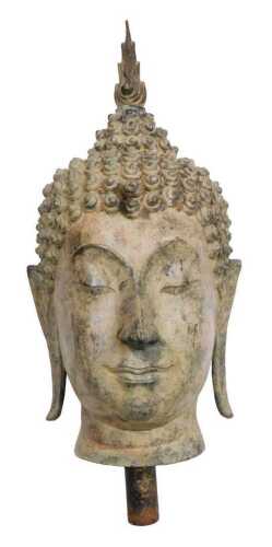 A 19thC Thai bronze bust of Buddha, cast with elongated ears, scrolling curls, and surmounted...