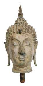 A 19thC Thai bronze bust of Buddha, cast with elongated ears, scrolling curls, and surmounted...