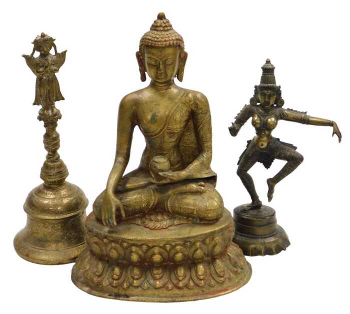 A Thai bronze figure of Buddha, modelled holding a pot and seated in the lotus position, on a...
