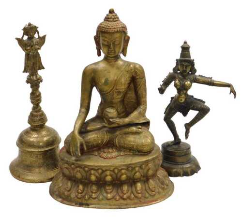 A Thai bronze figure of Buddha, modelled holding a pot and seated in the lotus position, on a...