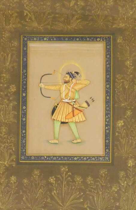 Indian School (19thC). An archer poised to fire an arrow, with a halo around his head,...