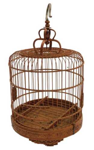 A Chinese bamboo bird cage, of cylindrical form, with a crown top, raised on three tapering...