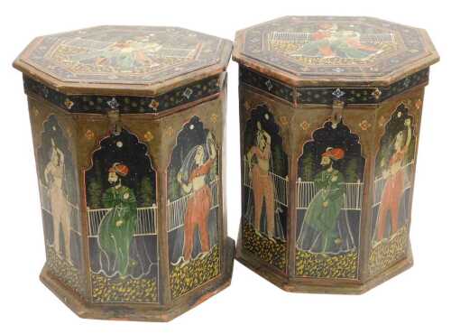 A pair of 20thC Rajastani Indian hand painted boxes, of octagonal form, with hinged lids,...