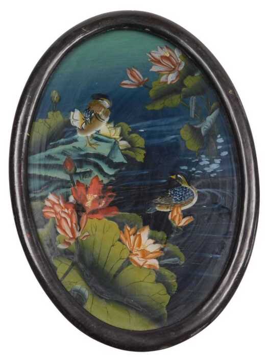 Chinese School (20thC). Mandarin ducks and water lilies, reverse painting on glass, 36cm x 24cm.
