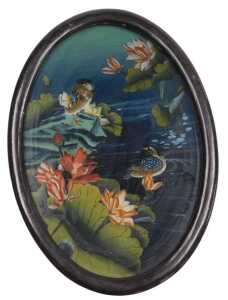 Chinese School (20thC). Mandarin ducks and water lilies, reverse painting on glass, 36cm x 24cm.