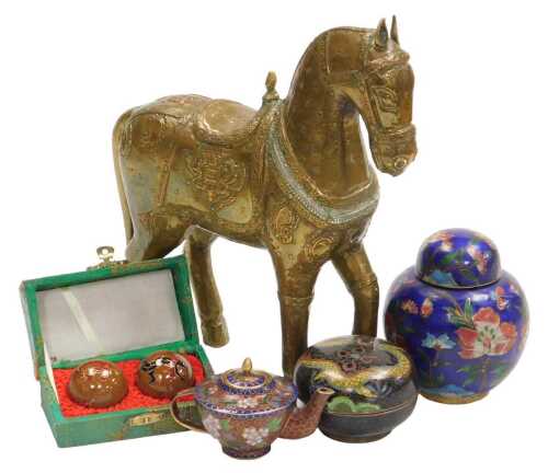 A Chinese cloisonne box and cover, decorated with a dragon on a black ground, a ginger jar and...