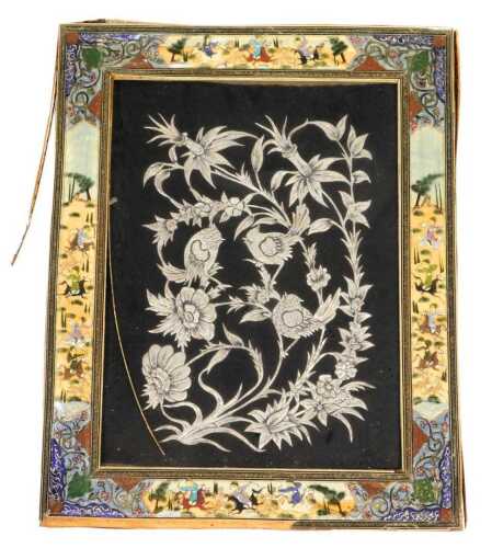 A 20thC Persian silver and copperwork picture, decorated in bas relief with birds and flowers,...