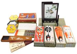 Four Chinese pottery opera masks, a set of cloisonne chopsticks, a table screen, paper fan, etc....