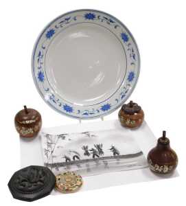 Three Oriental hardwood boxes and covers, moulded as fruit with mother-of-pearl inlay, two...