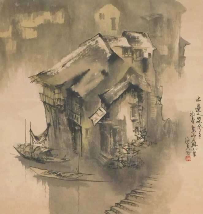 Chinese School (20thC). A Jiangan water village, ink and watercolour, with calligraphy and...