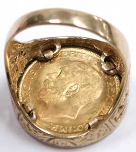 A George V gold full sovereign 1913, in a 9ct gold ring mount, size Z, 15.9g. - 4