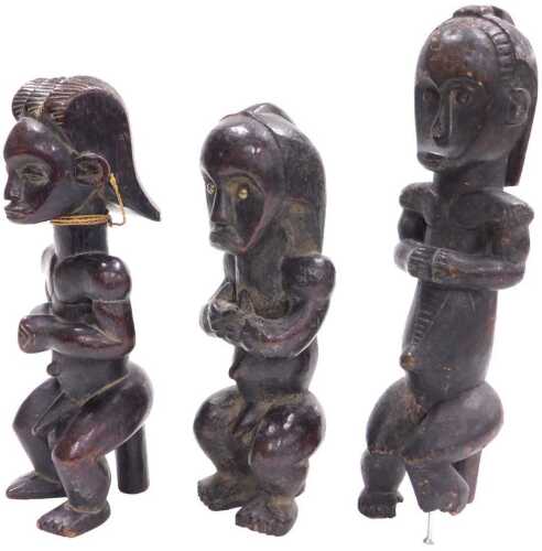 Three Gabonese Fang reliquary guardian figures, 34cm, 26cm and 28cm high respectively. (1 AF)