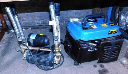 A compact portable petrol generator, together with a shower pump. (2)