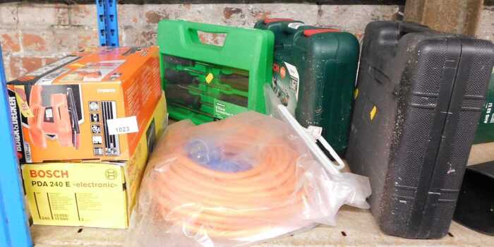 Power tools, to include a Black and Decker belt sander, a Bosch sander, a Bosch PR Select...