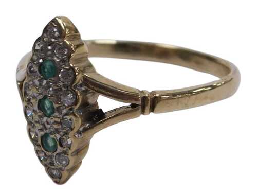 A 9ct gold lozenge shaped ring, set with czs and three tiny green stones, with splayed shoulders,...