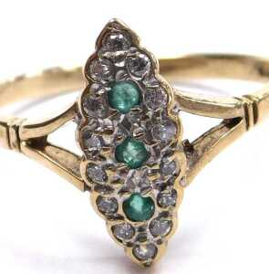 A 9ct gold lozenge shaped ring, set with czs and three tiny green stones, with splayed shoulders,... - 2