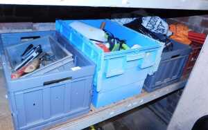 Various hand tools, weed sprayer, a Halfords twin barrel foot pump, etc. (1 shelf)