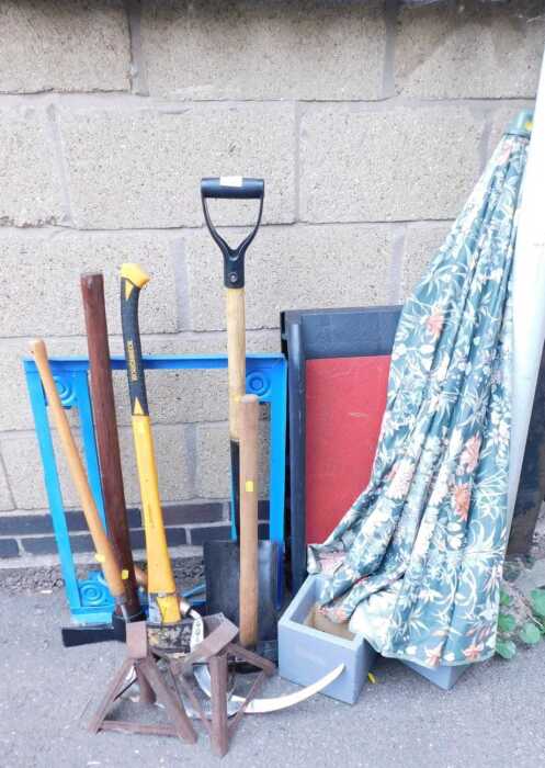 Miscellaneous outdoor items, comprising a blue painted trolley on wheels, a plastic dog to car...