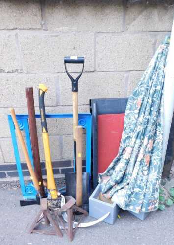 Miscellaneous outdoor items, comprising a blue painted trolley on wheels, a plastic dog to car...