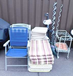 Deck chairs, together with cushions, garden ornament, plant trainers, trolley, etc. (a quantity)
