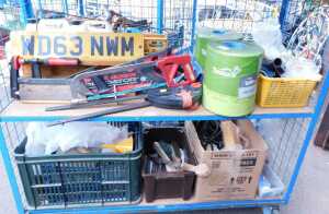 Tools, to include saws, various hand tools, black metal latches, a number plate for WD63 NWM,...