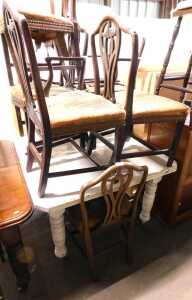 A painted draw leaf dining table, the top with canted edges, raised on turned legs, 73cm high,...