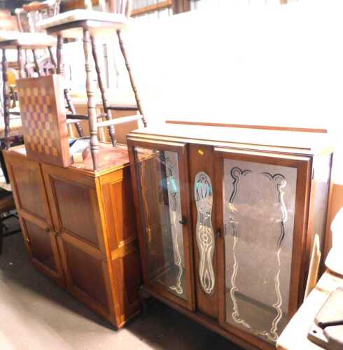 A group of furniture, to include a 1950s glass fronted display cabinet, pair of oak bar stools,...