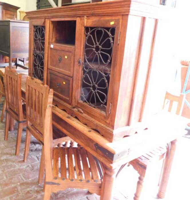 A mangowood dining suite, comprising dining table, 77cm high, the top 190cm x 95cm, a set of six...