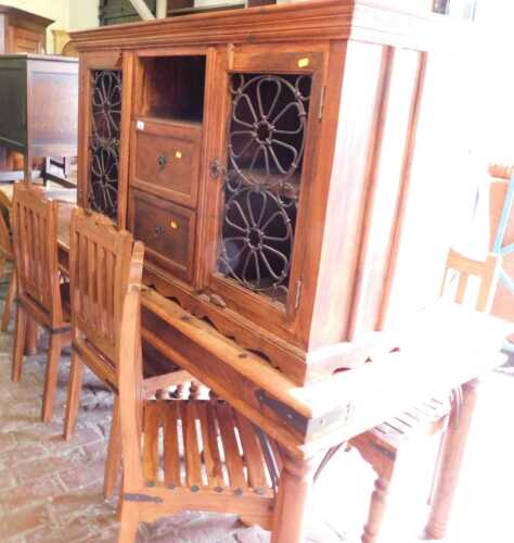 A mangowood dining suite, comprising dining table, 77cm high, the top 190cm x 95cm, a set of six...