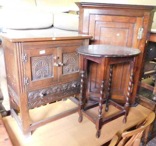 A 19thC oak hanging corner cabinet, together with an Old Charm style side cabinet, and an oak...