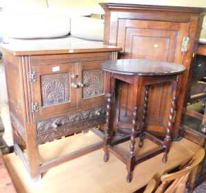 A 19thC oak hanging corner cabinet, together with an Old Charm style side cabinet, and an oak...