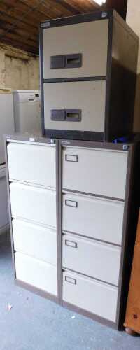 A Bisley two tone four drawer metal filing cabinet, 131cm high, together with a Samas Vickers...