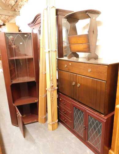 A group of furniture, to include an oak side table, standing corner cabinet, various blinds, etc....