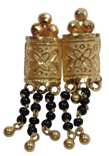 A pair of Indian earrings, with triple black bead tassels, on screw fittings, yellow metal,...