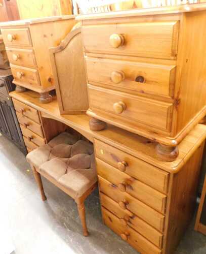 Pine bedroom furniture, comprising a twin pedestal dressing table, with three fold mirror, a...