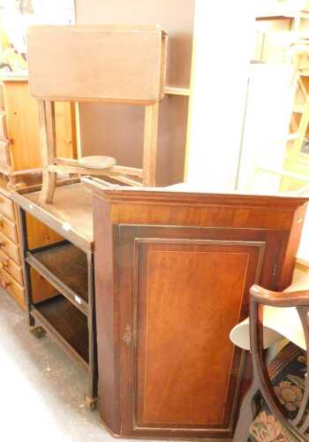 A 19thC mahogany and boxwood line inlaid hanging corner cabinet, the top with a moulded pediment...