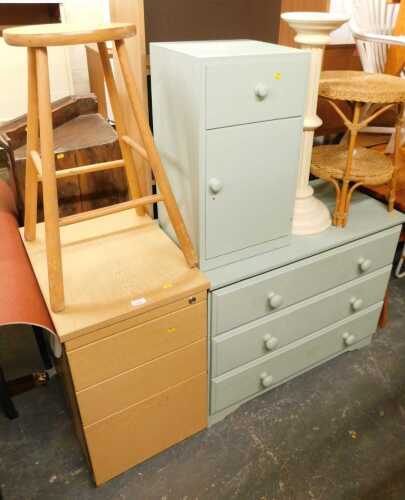 A group of furniture, to include a painted three drawer chest and matching bedside chest, a...