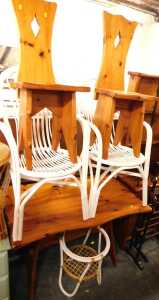 A pine kitchen table, together with a matching dresser, two chairs, two painted bentwood chairs,...