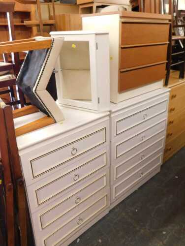 A group of furniture, to include a cream leatherette upholstered footstool, a hanging bathroom...