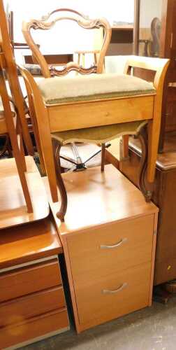 A Victorian mahogany dining chair, together with a piano stool, and a two drawer filing cabinet....