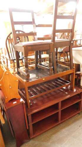 A group of furniture, to include a drop leaf table, magazine rack, coffee table, dining chairs,...