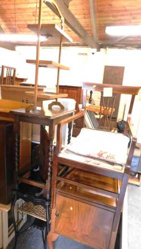 An oak three tier folding cake stand, together with a 19thC mahogany and inlaid dining chair,...