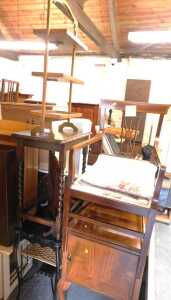 An oak three tier folding cake stand, together with a 19thC mahogany and inlaid dining chair,...