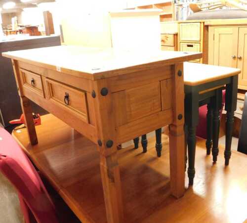 A group of furniture, comprising a nest of three tables, a pine side table with two frieze...