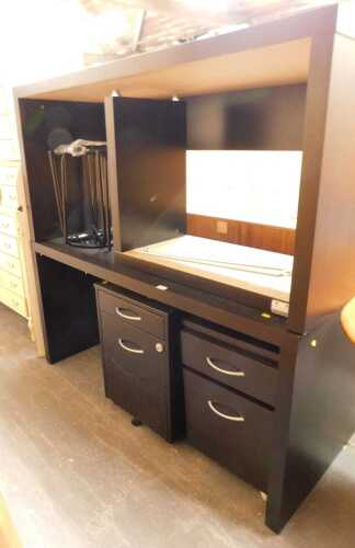 An Ikea Jonas black ash desk, and another, together with three Ikea Marius stools, and a pair of...